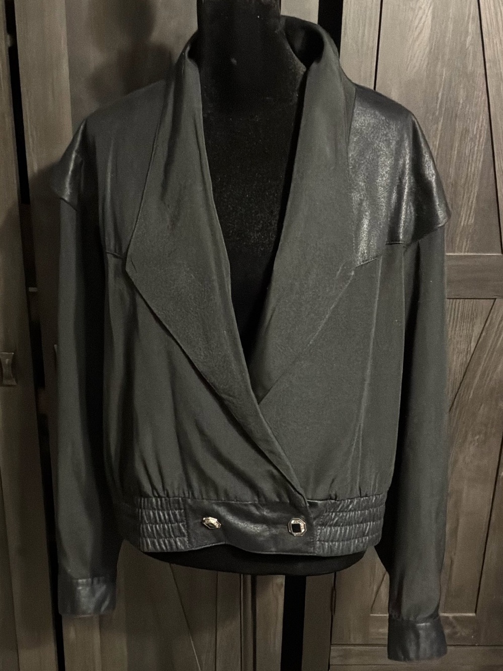 Black Mixed-Media Faux Leather Draped Women's Jacket